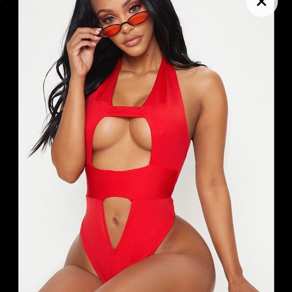 PrettyLittleThing Other - PLT Red Cut Out Front Halterneck Swimsuit